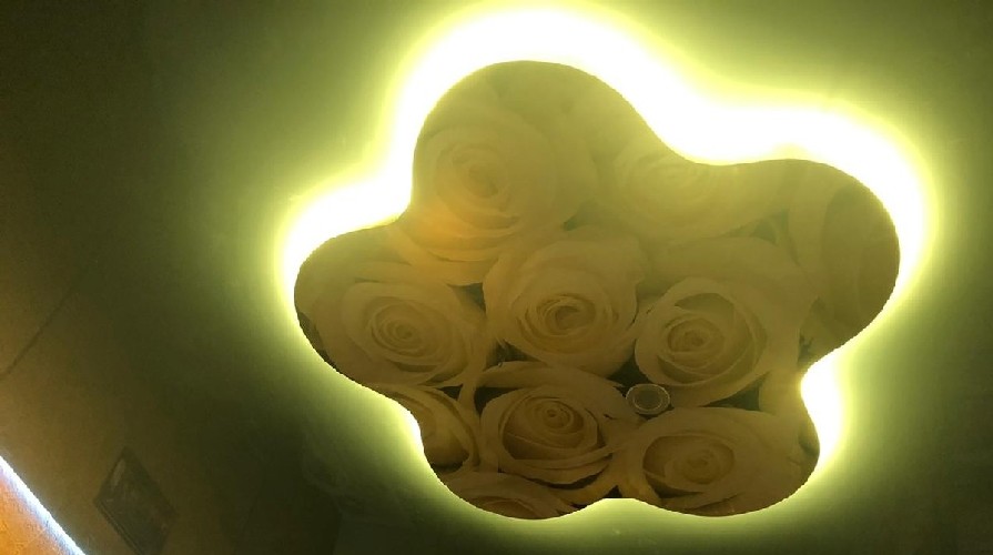 Потолок с криволинейной конструкцией в виде цветка с фотопечатью Потолок с криволинейной конструкцией в виде цветка с фотопечатью